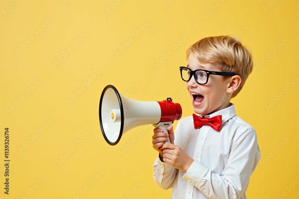 Smart Young Boy in Glasses and Red Bowtie Yelling Through Megaphone Against Yellow Background for School Announcement Concept Smart Young Boy in Glasses and Red Bowtie Yelling Through Megaphone Against Yellow Background for School Announcement Concept