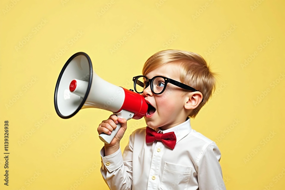 Funny and Energetic Young Boy Shouting Through a Red Megaphone for Motivation and Communication Concept Funny and Energetic Young Boy Shouting Through a Red Megaphone for Motivation and Communication Concept