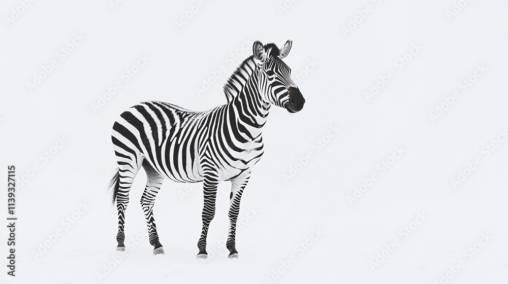 Isolated zebra, with black and white stripes, standing in a zoo or safari in africa, animal with a unique pattern, standing against a natural wildlife white background, side view, full length. Isolated zebra, with black and white stripes, standing in a zoo or safari in africa, animal with a unique pattern, standing against a natural wildlife white background, side view, full length.