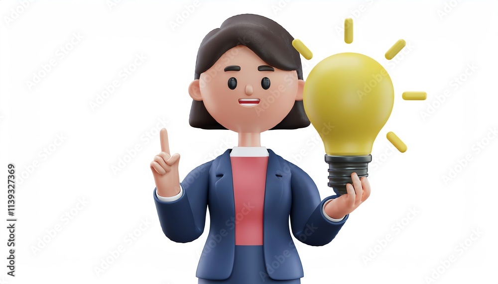A cheerful character holds a lit light bulb, symbolizing creativity, ideas, and innovation in a professional setting.