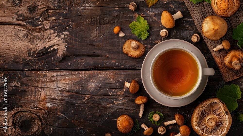 Mushroom Tea on Rustic Wooden Background Mushroom Tea on Rustic Wooden Background