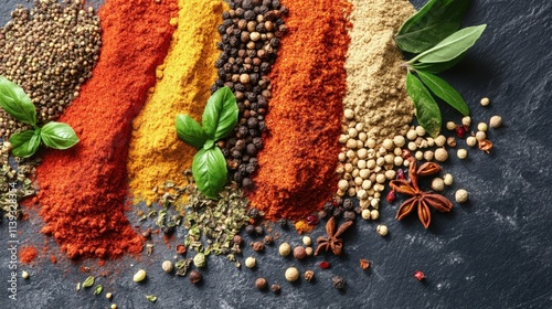 Aromatic Spice Blend with Fresh Basil Leaves photo