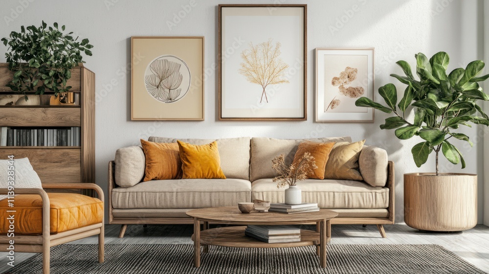 Cozy Living Room Interior Design with Beige Sofa, Wooden Furniture, and Plants Cozy Living Room Interior Design with Beige Sofa, Wooden Furniture, and Plants