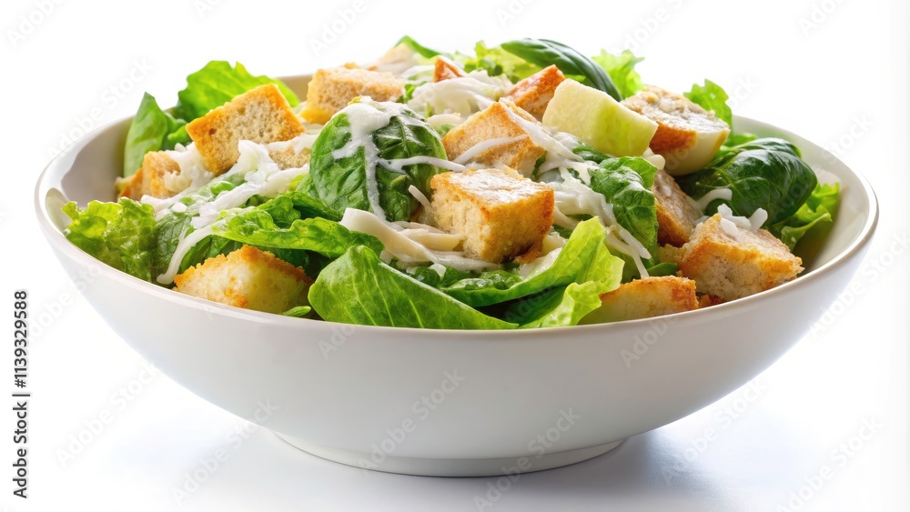Fresh and Delicious Caesar Salad in a White Bowl Isolated on White Background - Perfect for Recipes, Nutrition, and Food Photography Fresh and Delicious Caesar Salad in a White Bowl Isolated on White Background - Perfect for Recipes, Nutrition, and Food Photography