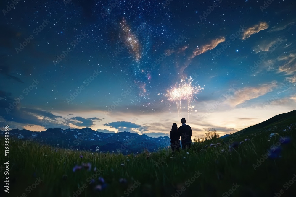 Fototapeta premium Couple watching fireworks from hilltop romantic scene nature under starry sky intimate moment