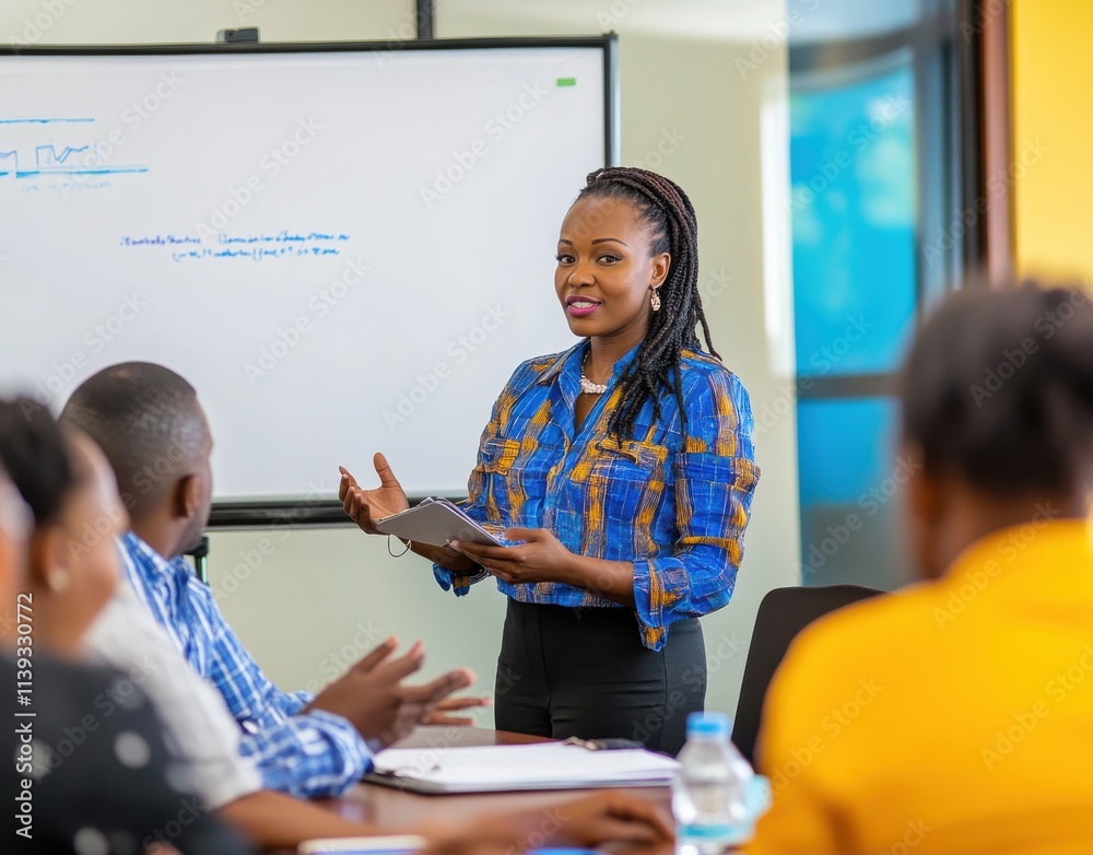A professional woman presents to a group in a meeting room, engaging participants while utilizing a digital device and a presentation board. A professional woman presents to a group in a meeting room, engaging participants while utilizing a digital device and a presentation board.