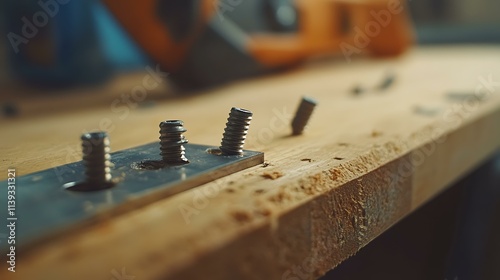 A detailed close-up of screws and dowels being inserted into a wooden board during furniture assembly photo