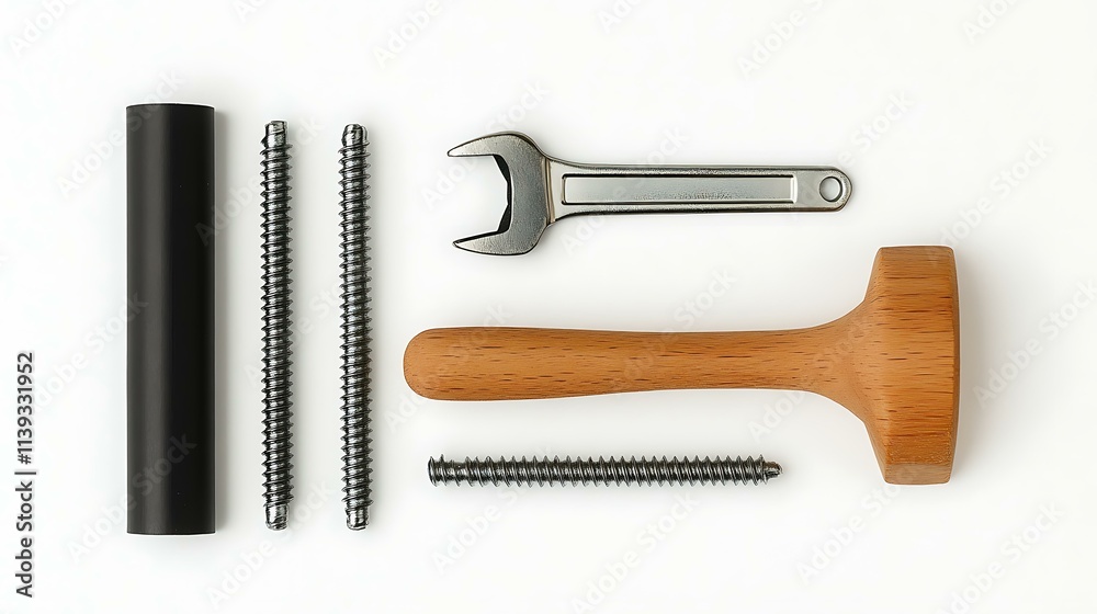 A top-down view of an assembly kit, featuring an Allen wrench, screws, and a small wooden hammer placed neatly A top-down view of an assembly kit, featuring an Allen wrench, screws, and a small wooden hammer placed neatly