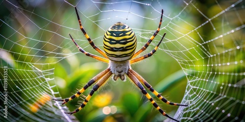 Long Exposure of Agriope Bruennichi Spider in Web - Captivating Yellow-Black Garden Spider with Intricate Silk Threads, Nature's Beauty and Poisonous Arachnid in Focus photo