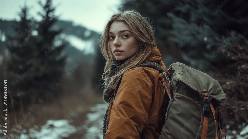 A young woman in a warm orange beanie and a blue jacket pauses on her hiking journey. She carries a large backpack, surrounded by lush greenery and autumn foliage. A young woman in a warm orange beanie and a blue jacket pauses on her hiking journey. She carries a large backpack, surrounded by lush greenery and autumn foliage.