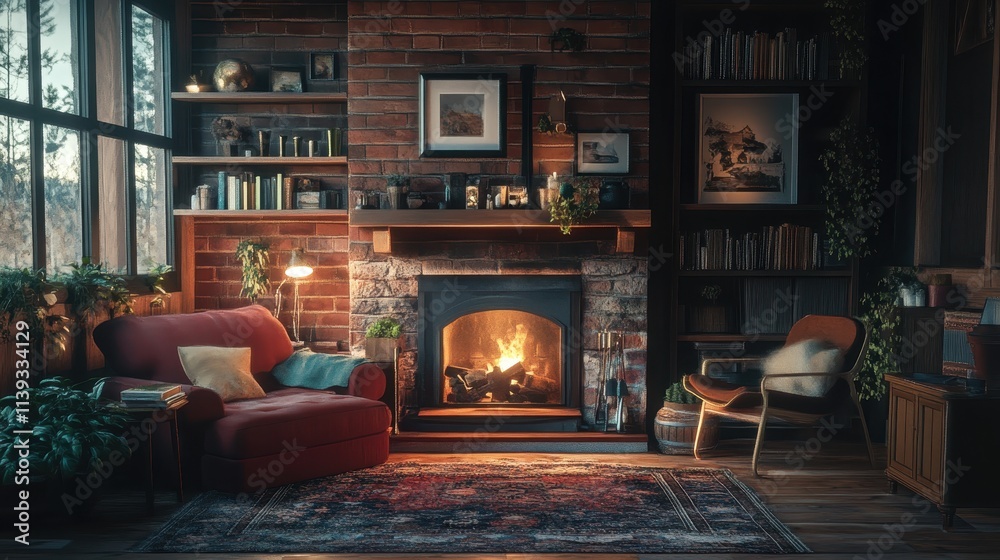 A rustic cabin living room features a glowing fireplace surrounded by comfortable furniture. Soft lighting and windows show a snowy landscape outside, creating a warm ambiance. A rustic cabin living room features a glowing fireplace surrounded by comfortable furniture. Soft lighting and windows show a snowy landscape outside, creating a warm ambiance.