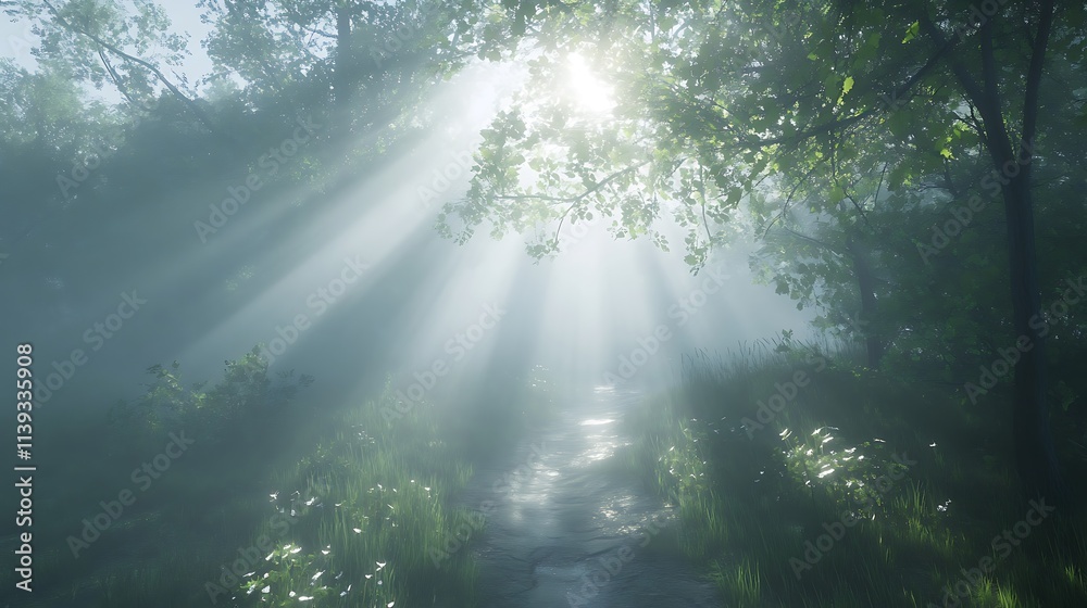 Obraz premium Sunbeams Piercing Morning Mist in a Forest Stream. AI Generated