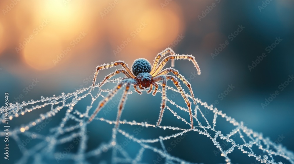 Frosted Spider on Dew-Kissed Web at Sunrise