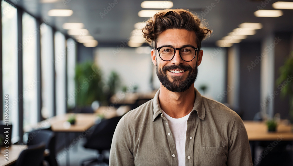 A Confident and Smiling Handsome Hipster Man in a Casual Setting A Confident and Smiling Handsome Hipster Man in a Casual Setting