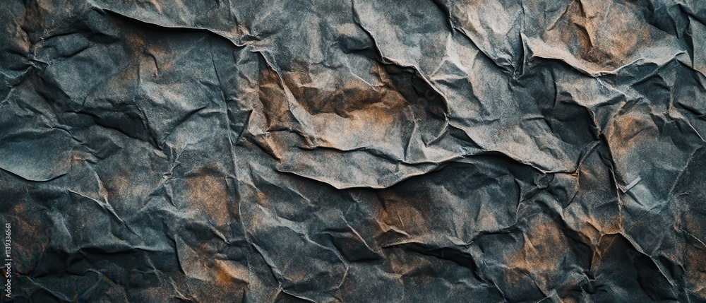 Close-up view of crumpled dark paper highlights intricate textures and natural patterns. The earthy tones create depth and visual interest in the surface design. Close-up view of crumpled dark paper highlights intricate textures and natural patterns. The earthy tones create depth and visual interest in the surface design.