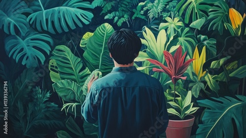 Enigmatic Man Amidst Lush Tropical Foliage photo