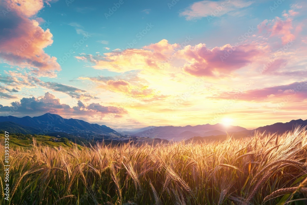 Gentle breeze sways wheat fields serene countryside at sunset landscape photography warm colorful sky tranquil viewpoint nature's serenity Gentle breeze sways wheat fields serene countryside at sunset landscape photography warm colorful sky tranquil viewpoint nature's serenity