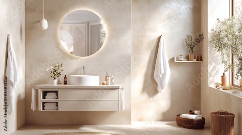 A stylish and modern bathroom featuring neutral beige tones a frameless mirror and integrated storage leaving a blank wall for copyspace  The design is clean minimalist and functional