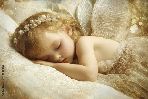 A little girl, dressed as an angel, sleeping peacefully on a soft pillow.