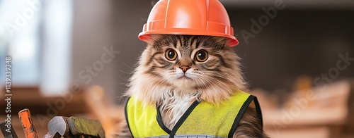 Fluffy cat in a construction workers vest and hard hat, sitting by building tools, occupation costume, realistic style photo