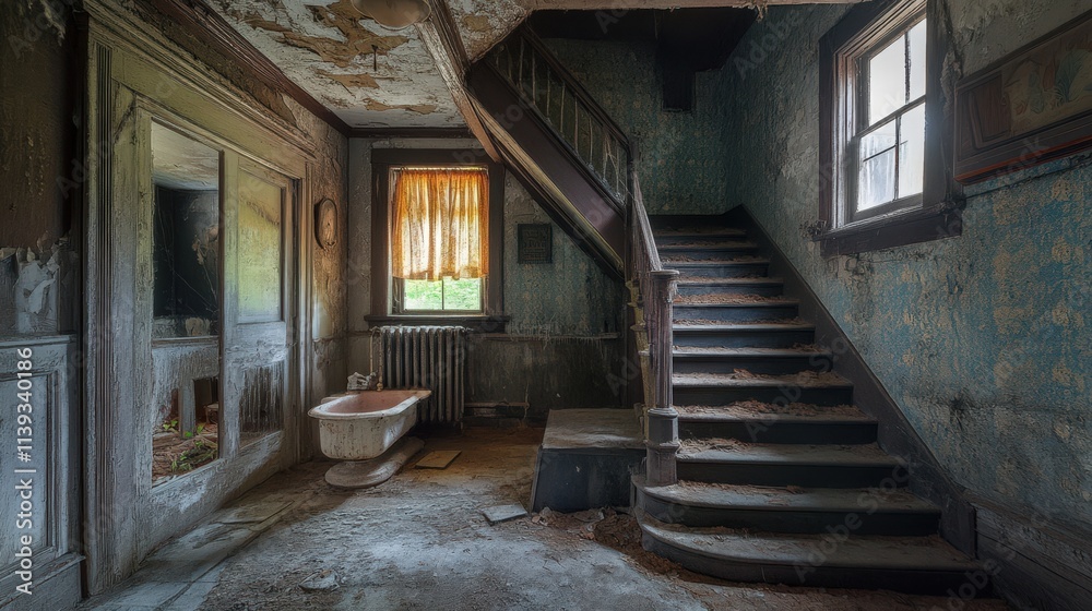 Abandoned House Interior Staircase and Bathroom Abandoned House Interior Staircase and Bathroom