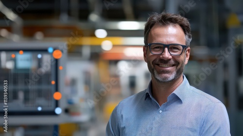 A man safety expert smiles as he introduces innovative smart factory safety solutions, ensuring a secure and efficient workplace photo