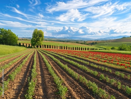 Vibrant tulip fields blooming under sunny skies in scenic italian countryside