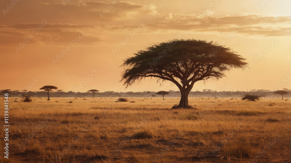 A solitary acacia tree stands tall against a vibrant sunset, casting a long shadow across the vast savanna. A solitary acacia tree stands tall against a vibrant sunset, casting a long shadow across the vast savanna.