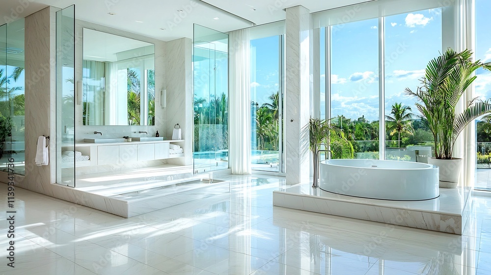 Fototapeta premium Stylish and Spacious Luxury Bathroom with Floor to Ceiling Glass Freestanding Tub on Raised Platform and Pristine White Marble Finishes Providing Ample Open Wall Space for Copy or Design Elements