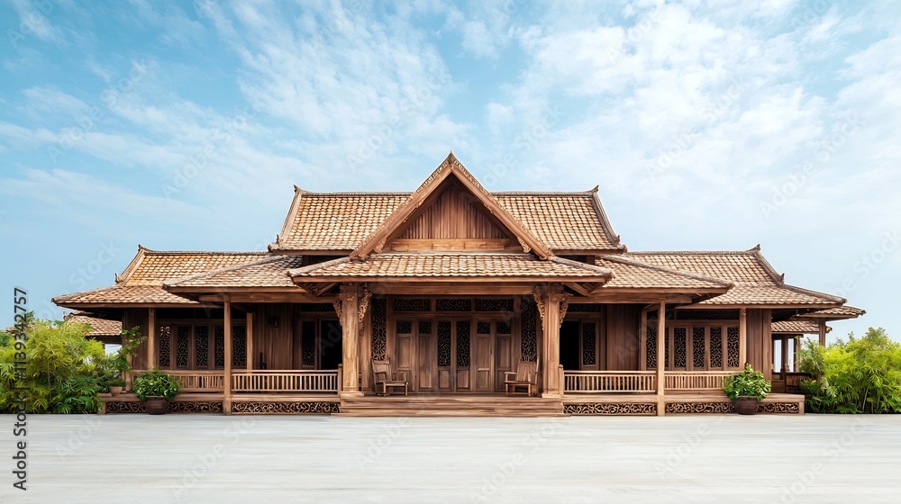 Charming classic teak wood Thai style house featuring an open veranda decorative wooden panels and a tiled roof Charming classic teak wood Thai style house featuring an open veranda decorative wooden panels and a tiled roof