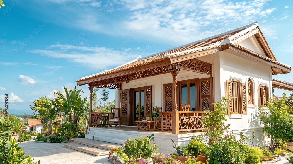 Teak Wood Thai Style House with Open Veranda and Decorative Wooden Panels Set Against a Peaceful Scenic Skyline Background Ideal for Travel Architecture and Lifestyle Photography Teak Wood Thai Style House with Open Veranda and Decorative Wooden Panels Set Against a Peaceful Scenic Skyline Background Ideal for Travel Architecture and Lifestyle Photography