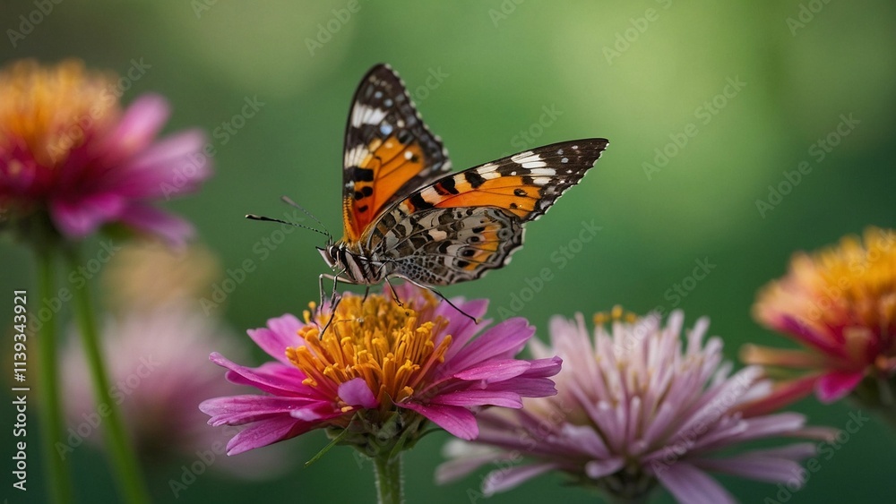 Close-Up Butterfly on Zinnia Flowers Garden Photography Close-Up Butterfly on Zinnia Flowers Garden Photography