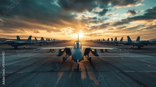 Several military aircraft are neatly arranged inside a spacious hangar, showcasing a range of fighter jets on a bright day at an air force base. photo