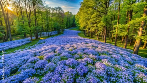 Stunning Drone Photography of Phlox Divaricata - Wild Sweet William - Woodland Phlox in Vibrant Blue, Capturing Nature's Beauty in Springtime Bloom with Lush Green Forest Background photo