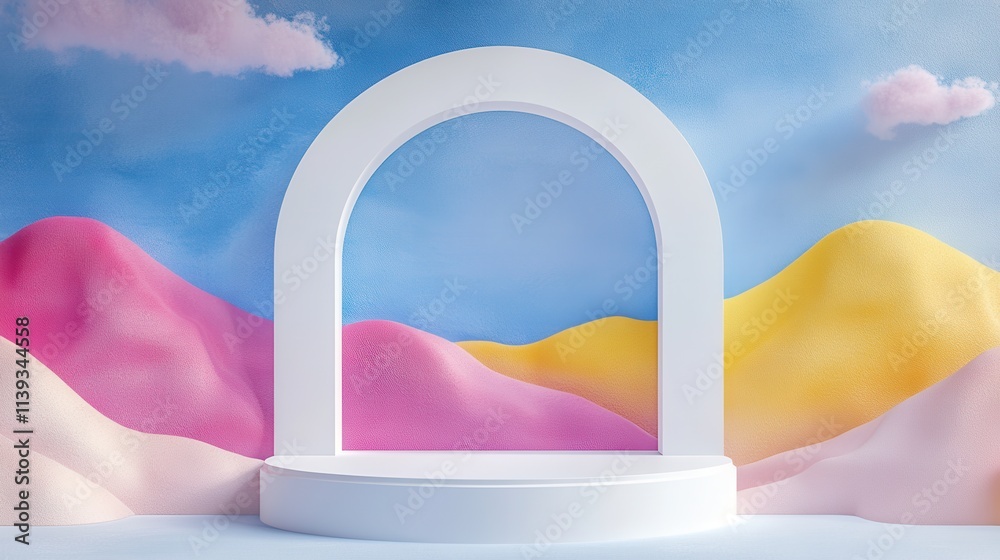 Realistic 3D with a Pink arch podium, pastel mountain,cloud,Abstract minimal scene for products showcase, Promotion display,Cosmetic banner,Vector geometric design,Empty podium for product showcase. Realistic 3D with a Pink arch podium, pastel mountain,cloud,Abstract minimal scene for products showcase, Promotion display,Cosmetic banner,Vector geometric design,Empty podium for product showcase.