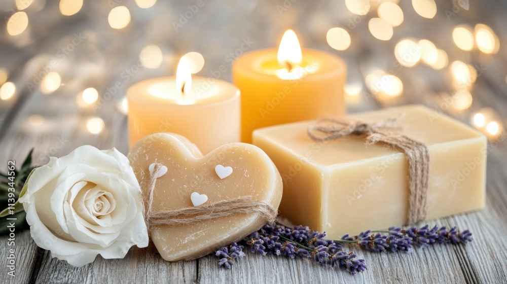 Romantic spa setting with candles, soap, rose, and lavender. Romantic spa setting with candles, soap, rose, and lavender.