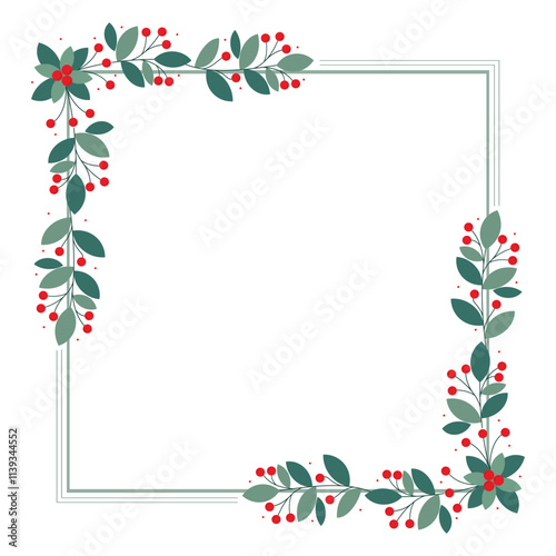 Lovely Square Frame With Red Cherry Berries And Green Leaves