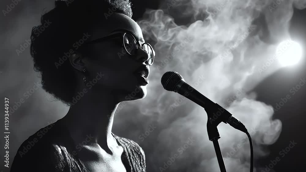 woman singer delivers captivating performance on stage, singing into microphone amidst swirling smoke in stunning black and white setting.