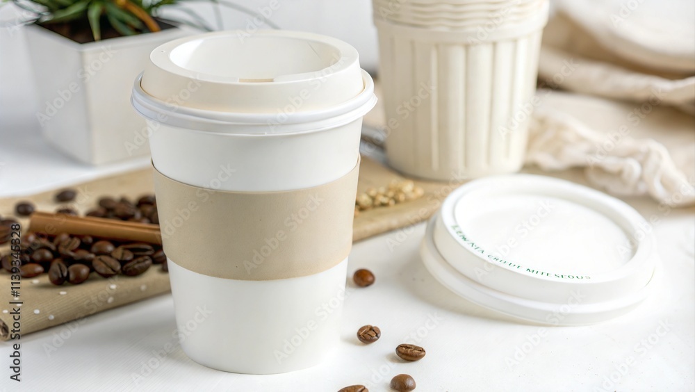 close up white paper cup for coffee or hot drink mock up blank label bean props close up white paper cup for coffee or hot drink mock up blank label bean props