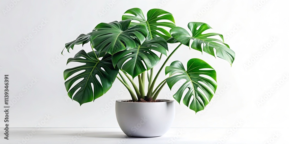 Surreal Monstera Plant, Minimalist Tropical Houseplant, 3D Rendered Home Decor, Isolated White Background Surreal Monstera Plant, Minimalist Tropical Houseplant, 3D Rendered Home Decor, Isolated White Background