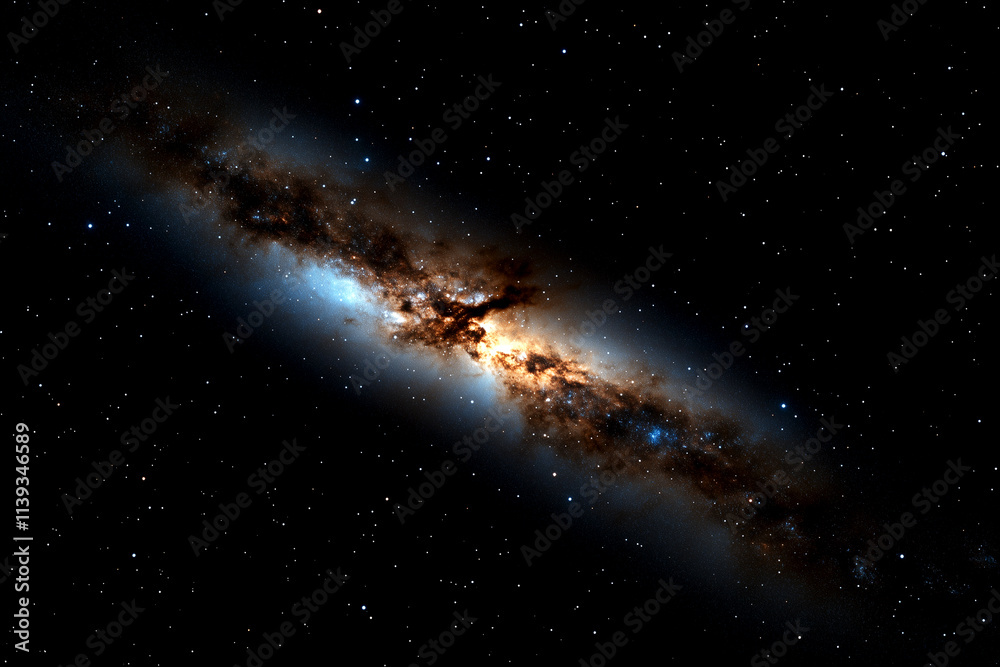 Fototapeta premium A long, thin, dark line of stars in the sky. The stars are scattered all over the image, with some closer to the left side and others towards the right
