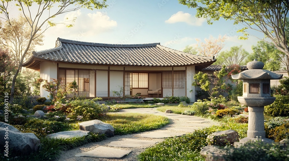 Peaceful and serene Japanese style residential home with curved tiled roof stone lantern and a beautifully manicured minimalist garden landscape leaving ample open space in the clean
