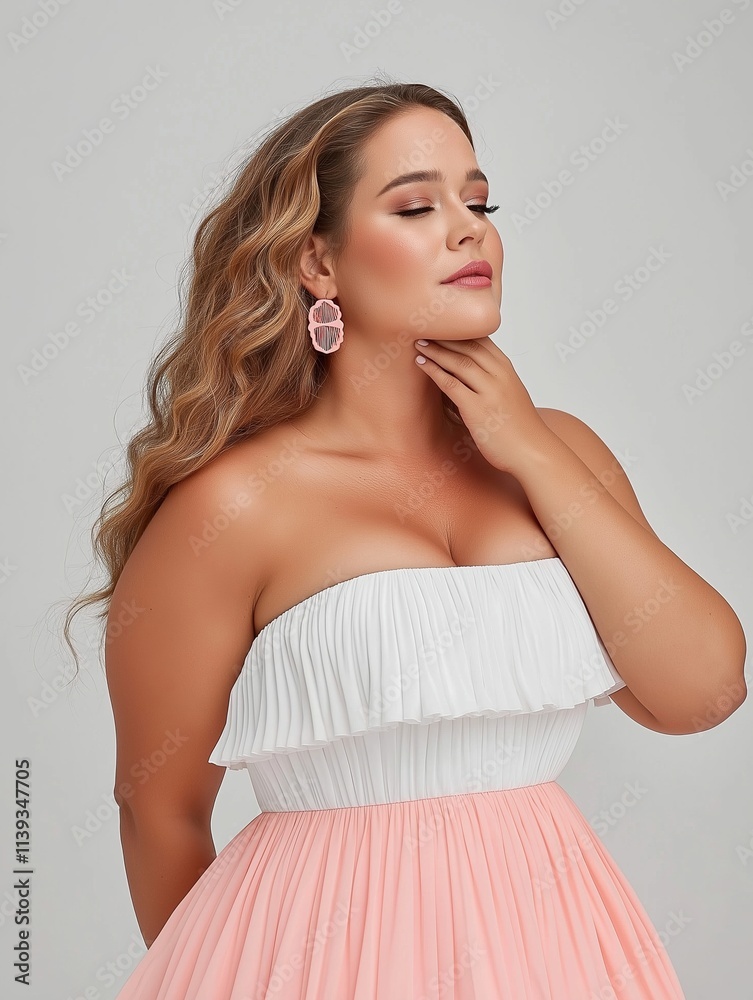 Fototapeta premium Fashion portrait of confident woman in elegant dress studio beauty close-up