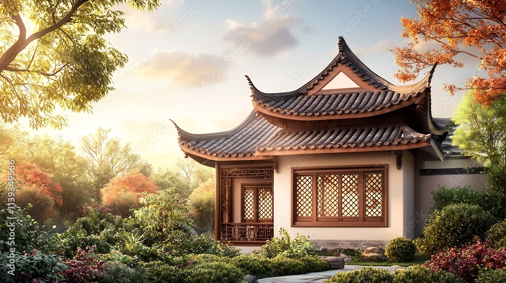 Picturesque traditional Chinese architecture featuring a house with a classic pagoda style roof decorative lattice windows and a serene garden setting with ample copy space in the background sky Picturesque traditional Chinese architecture featuring a house with a classic pagoda style roof decorative lattice windows and a serene garden setting with ample copy space in the background sky