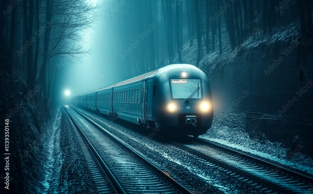 Naklejka premium A train is traveling down a track in the dark. The train is the only source of light in the scene