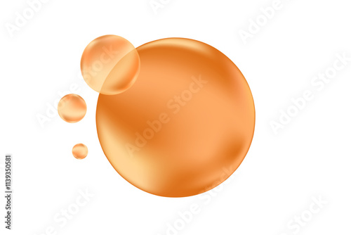 Glowing liquid caramel color 3D bubbles or fluid droplets isolated on transparent background. Aesthetic composition for cosmetology, beauty science, skin care molecular concept.