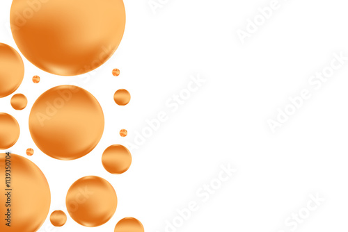 Glowing liquid caramel color 3D bubbles or fluid droplets isolated on transparent background. Aesthetic composition for cosmetology, beauty science, skin care molecular concept.