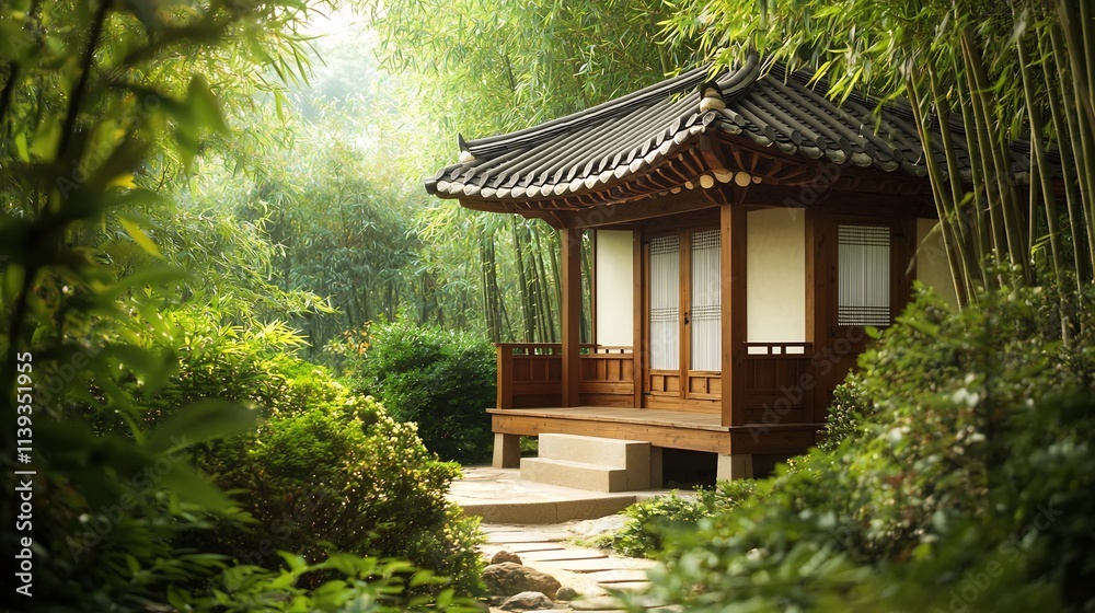 A tranquil Korean Hanok nestled within a bamboo grove featuring a small wooden porch and curved roof tiles offering a serene and natural setting with ample copy space A tranquil Korean Hanok nestled within a bamboo grove featuring a small wooden porch and curved roof tiles offering a serene and natural setting with ample copy space