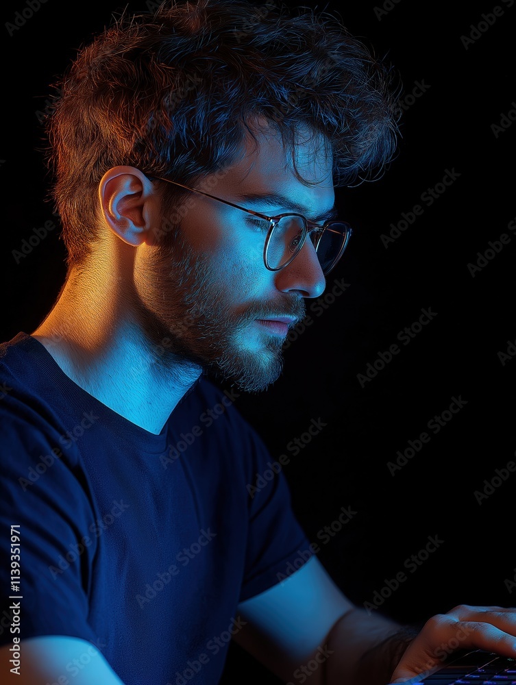 Focused software developer working late at night home office portrait style Focused software developer working late at night home office portrait style