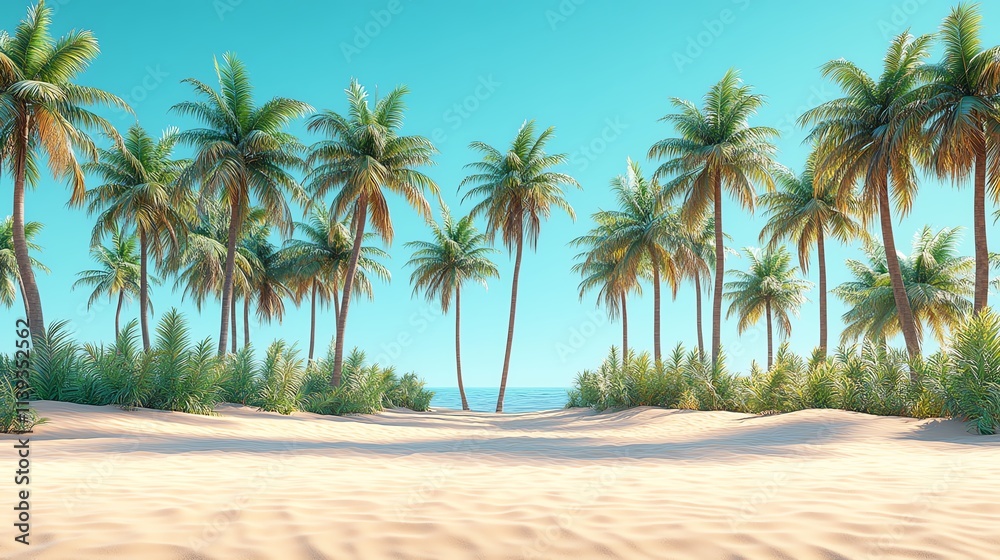 Tranquil beach scene with lush palm trees and azure sky, offering a serene getaway. Tranquil beach scene with lush palm trees and azure sky, offering a serene getaway.
